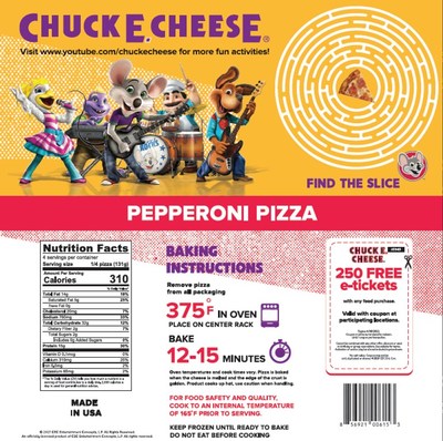 Chuck E. Cheese frozen pizzas now available in Kroger stores nationwide. Available in Cheese and Pepperoni, pizzas come with 250 e-tickets for your next Chuck E. Cheese visit. E-tickets can be found on the back of the box.