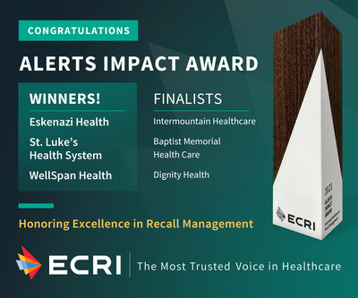 ECRI, the nation’s leading independent patient safety organization, announces the winners of its inaugural 2021 Alerts Impact Award for excellence in recall management. The winners are Eskenazi Health, St. Luke’s Health System, and WellSpan Health. Finalists include Intermountain Healthcare, Baptist Memorial Health Care, and Dignity Health (CommonSpirit Health). ECRI’s award recognizes its members for the impact their recall management programs have on patient safety, efficiency, and compliance.