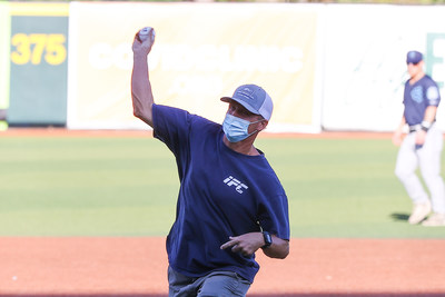 Scott Wright throws out the first pitch at the Emeralds game vs. the Everett AquaSox on July 10, 2021.
