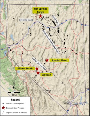 Figure 1. Plan view map of Nevada and the major gold trends and associated deposit locations. The Hot Springs Range Project is in the northern terminus of the Battle Mountain-Eureka Trend and parallels the Getchell Trend. (CNW Group/Eminent Gold Corp.)