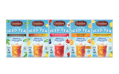 The newest Celestial Seasonings' offering. Cold Brew Iced Tea, comes in five fun flavors, including: Sweetened Black Tea with Lemon; Half and Half; Citrus Sunrise; Red, White & Blueberry; and Unsweetened Black Tea. The teas brew in cold water in minutes with no boiling required, making it easy to have delicious iced tea by the glass anytime.