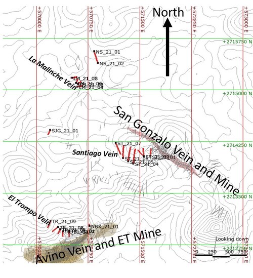 Figure 1. 2021 Drilling and vein Locations (Topography contours at 20m intervals) (CNW Group/Avino Silver & Gold Mines Ltd.)