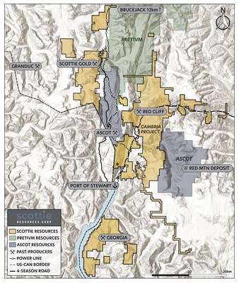 Figure 1: Overview map of the Scottie Resources mineral tenures in the Stewart Mining Camp after the merger with AUX Resources. (CNW Group/AUX Resources Corporation)