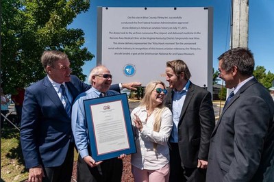 U.S. Senator, Mark Warner; Clerk of Court of Wise County and Norton City, Jack Kennedy; Flirtey Executive Assistant, Andi Sweeny; Flirtey Founder and CEO, Matthew Sweeny; Delegate, Terry Kilgore; in front of the Virginia Department of Aviation historical marker.