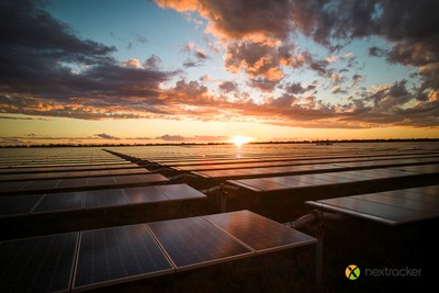 Nextracker NX Horizon smart solar tracker at sunset.