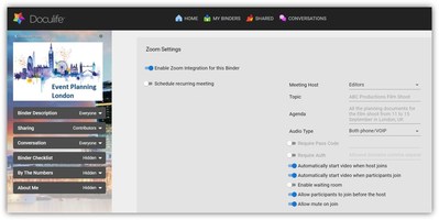 Zoom meetings can be scheduled and launched directly from a Doculife Binder which then becomes the content gateway or presentation space for that topic.