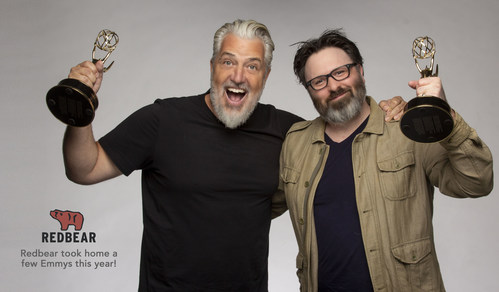 PJ Haarsma & Drew Lewis celebrate their Emmy win at Redbear Films