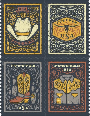 Western Wear stamp booklet features four designs illustrating iconic Western wear staples  a cowboy hat, a cowboy boot with a spur, a Western shirt and a belt buckle featuring a longhorn skull.