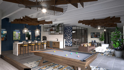 The Terrain on the Parkway clubroom features billiards, shuffleboard, lounge/viewing area, a coffee bar, space for entertaining, and a glass-enclosed meeting room. (PRNewsfoto/Scully Company)