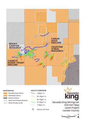 Figure 2. Distribution of historical drill holes at Lewis, color-coded by Grade X Thickness. Historical resource zones are shaded dark orange. (CNW Group/Nevada King Gold Corp.)