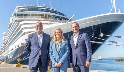 From left to right: Arnold Donald, President & CEO, Carnival Corporation & plc, Jan Swartz, Princess Cruises President, and Gus Antorcha, President of Holland America Line in front of Nieuw Amsterdam in the Port of Seattle