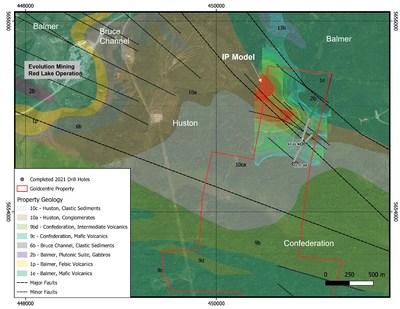 Figure 1: Plan of Gold Centre drill holes reported in this press release with geology and targeted IP anomalies. Base geology and legend from Sanborne-Barrie 2004 (GSC-OF4594). (CNW Group/Trillium Gold Mines Inc.)