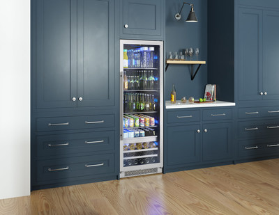 The Presrv Full Size Beverage Cooler features full-extension black wood racks, adjustable glass shelves, and a stainless steel, full-extension rollout bin for easy access to everyone’s favorite beverages.