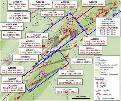 Figure 2: Plan location map of recent drilling in the Shaft 3 and Shaft 1 areas of the Pickle Crow deposit. (CNW Group/First Mining Gold Corp.)
