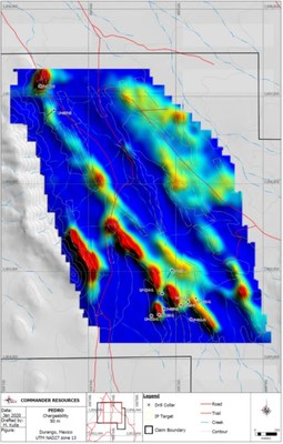 Figure 1. Pedro Gold Project - IP Survey: Chargeability at 50m Depth and Newmont 2014 Drill Collar Locations (CNW Group/Southern Empire Resources Corp.)