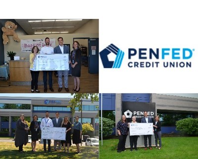 PenFed employees present checks to Eugene Area non-profits: (clockwise from top left) Bags of Love; Hope & Safety Alliance; A Family for Every Child.