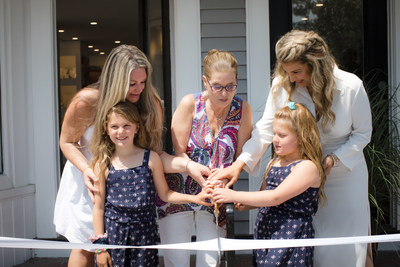 Dune Harwich Port Ribbon Cutting ceremony with Founder & CEO of Dune Jewelry & Co., Holly Daniels Christensen and Dune Harwich Port proprietor and Dune co-creator Kellie Quinn with Christensen's daughters Alexa and Lyla; and Cyndi Williams, Executive Director Harwich Port Chamber of Commerce.