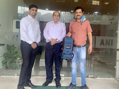 Outside the ANI office: From left to right: Chirag Barwa – Pre-Sales Engineer APAC, LiveU, Surinder Kapoor, Director – News, ANI, Azaz Khan – Technical Engineer, ANI