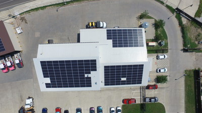 An aerial view of the North Tarrant Express Maintenance Building and the new solar array.