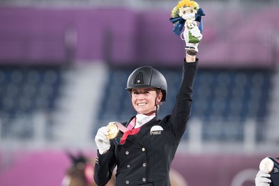 Germanys Jessica von Bredow-Werndl claimed the Individual Dressage title at the Tokyo 2020 Olympic Games with victory in the Freestyle partnering the lovely mare TSF Dalera at Baji Koen Equestrian Park tonight. (FEI/Shannon Brinkman)