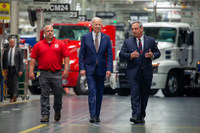 Mack Trucks today hosted President Joe Biden at its Lehigh Valley Operations (LVO) facility in Macungie, Pennsylvania, where all Mack heavy-duty models for North America and export are assembled. Biden stressed the importance of American manufacturing, buying American products and good-paying jobs during remarks made at the facility. Left to Right, UAW Local 677 Shop Chairman Kevin Fronheiser, President Joe Biden and Martin Weissburg, Mack Trucks president, at Mack’s LVO facility.