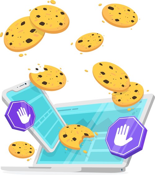 An illustration of a laptop and tablet with flying cookies and stop signs arranged around the screens