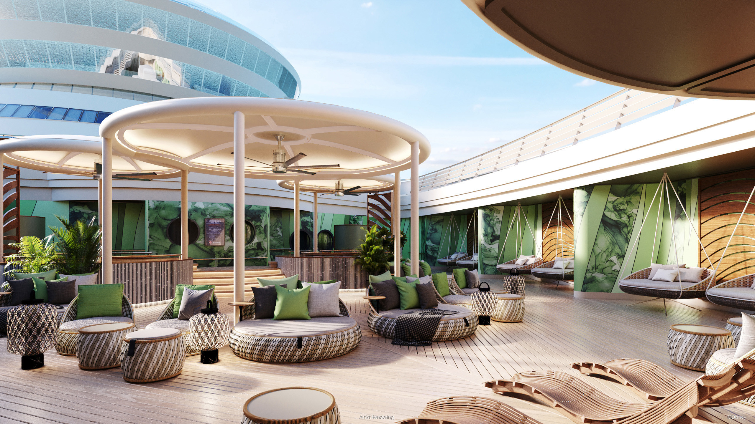 For the first time aboard a Disney ship, Senses Spa will feature a dedicated outdoor relaxation space where guests can unwind in whirlpool spas, rest on plush loungers and find their center during yoga sessions. This open-air oasis is a brand-new extension to Disney Cruise Line’s signature Rainforest experience, which has been reimagined for the Disney Wish to provide even more ways to relax and rejuvenate (July 2021)