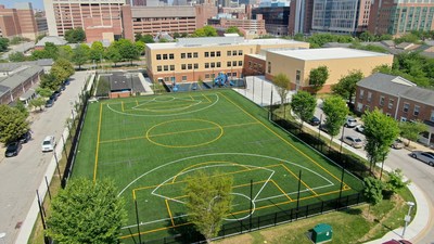 Arial shot of Mother Mary Lange Catholic School in Baltimore City showing turf field