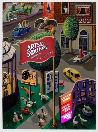 The Waupaca Arts on the Square poster art, created by Leif Larson, is based on the 100-foot Union Street Mural he created in during October 2020 in Waupaca. The week-long Arts on the Square Festival is Aug. 15-21, and includes a Friday Night Street Dance, and multiple music venues and a Juried Fine Art Show on Saturday, Aug. 21. Workshops and other live events are happening throughout the week. Go to https://www.waupacaarts.org/arts-on-the-square-overview-2021 for more information.