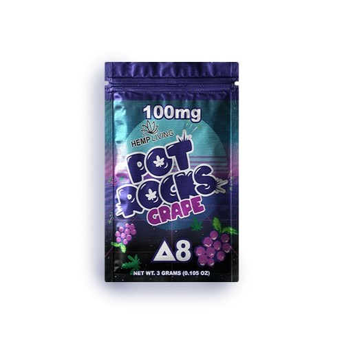 This is a single serve packet containing 100mg of Delta 8 Grape Pot Rocks.
