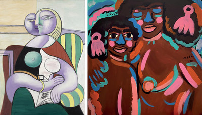 Photos from left to right: Pablo Picasso, Reading Woman, Boisgeloup, January 2, 1932. Oil on canvas, 130 x 97.5 cm. Musée national Picasso-Paris. Dation Pablo Picasso, 1979. MP137 © Picasso Estate / Socan (2021) Photo © RMN-Grand Palais (Musée national Picasso-Paris) / Mathieu Rabeau // Kezna Dalz, Black Joy, Black Vulnerability, Black Support, Black Love, 2021. Acrylic on canvas. Collection of the artist (CNW Group/Musée national des beaux-arts du Québec)