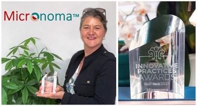Sandrine Miller-Montgomery, the CEO of Micronoma, holds the Bio-IT World Innovative Practices Award, granted in July 2021.