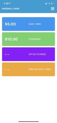 The rate selection screen, where the lot attendant selects the rate for the incoming car to pay.