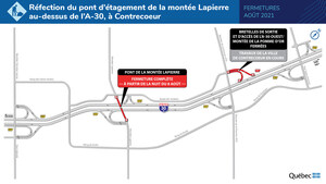 Autoroute 30 et montée Lapierre, à Contrecœur - Travaux de réfection d'un pont d'étagement : la fermeture de la montée Lapierre durant trois semaines débutera le 8 août