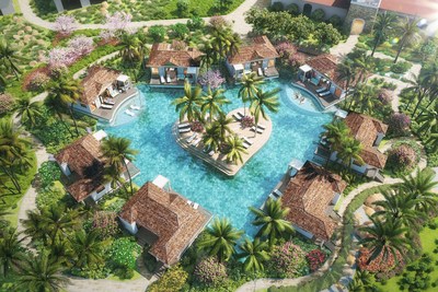 Kurason Island Poolside Butler Bungalow Suites, arranged in Sandals' iconic heart formation, overlooking the exclusive heart-shaped pool and lush private island garden.