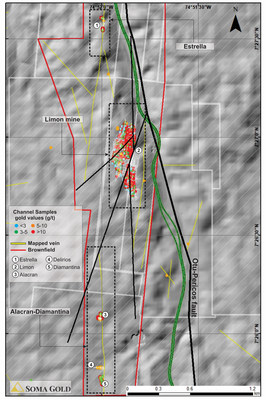 Map #1. Plan view of Estrella-Diamantina mineralized trend. (CNW Group/Soma Gold Corp.)