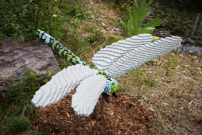 Each sculpture in this outdoor exhibition Sean Kenney's Nature Connects is made from thousands of toy bricks. This 2-foot tall dragonfly is made of 11,500 tiny pieces. (CNW Group/Ontario Science Centre)