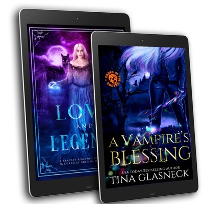 LOVE AND LEGENDS and book cover with the cover for Glasneck's story, A VAMPIRE'S BLESSING