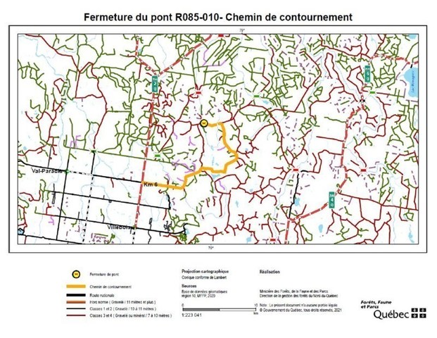 Fermeture du pont R085-10 - Chemin de contournement (Groupe CNW/Ministre des Forts, de la Faune et des Parcs)