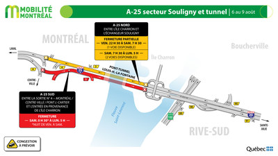 A25 sud / pont-tunnel Louis-Hippolyte-La Fontaine, fin de semaine du 6 aot (Groupe CNW/Ministre des Transports)
