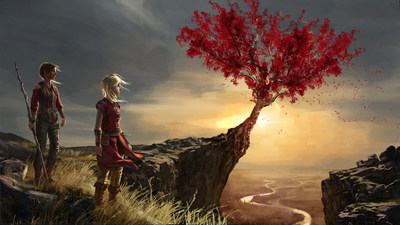 "Rise Above the Rest" - Concept art from "The Trials of Ildarwood" featuring two characters staring out over the forest with a crimson Ildarwood tree in the background.