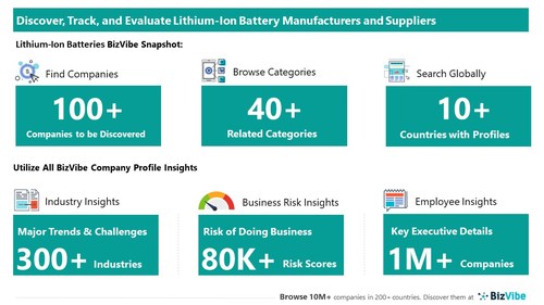 Snapshot of BizVibe's lithium-ion battery supplier profiles and categories.