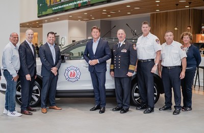 FDNY RECEIVES ALL-ELECTRIC VOLVO FOR ‘JAWS OF LIFE' FIRST RESPONDER TRAINING AT MANHATTAN DEALERSHIP. From L to R: Brian Miller (Volvo Manhattan owner), Mark Schienberg (Greater NY Auto Dealers Assoc president), Eric Miller (Regional VP Volvo), Anders Gustafsson (CEO Volvo), Thomas Richardson (FDNY Chief of Dept, Brendan McSweeney (FDNY Chief of Training), Frank Leeb (FDNY Chief of Academy) and Jean O'Shea (FDNY Foundation Executive Director).