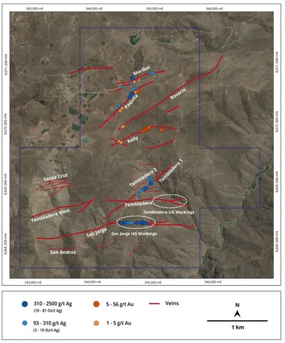 Figure 1: Map of Santas Gloria vein system and silver grades from surface channel sampling. etallurgical samples were taken from the San Jorge UG workings. (CNW Group/Mantaro Silver Corp.)
