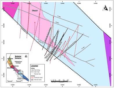 Figure 2: Overview map showing seven zones that comprise the Bralorne Gold Project, the Charlotte Zone, the drill hole included in this press release, major gold-bearing quartz veins (gray) and associated bounding fault structures. (CNW Group/Talisker Resources Ltd)