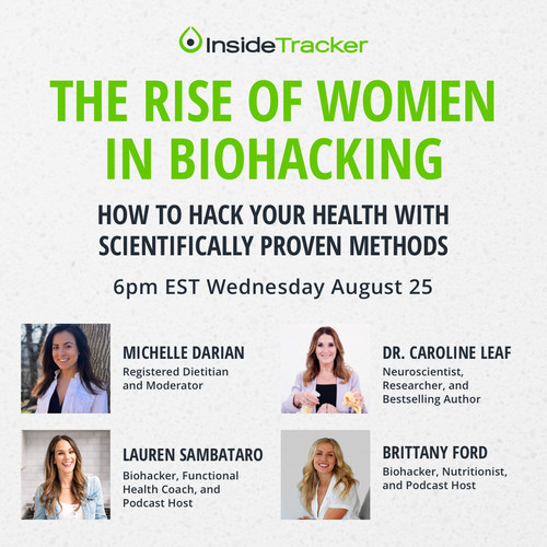 InsideTracker hosts renowned health and wellness experts Dr Caroline Leaf, Lauren Sambataro and Brittany Ford in a live panel discussion, The Rise of Women in Biohacking, Wednesday, August 25 at 6 p.m. EST.