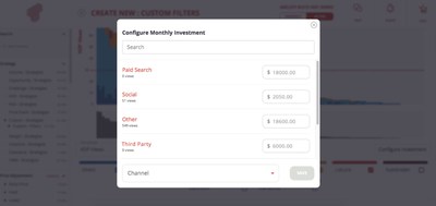 Input existing Google, social, and third-party advertising budgets to configure monthly investment per unit.