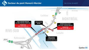 Route 138 entre Kahnawake et Montréal (arrondissement de LaSalle) - Une voie ouverte par direction sur le pont Honoré-Mercier durant la fin de semaine du 13 août