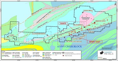 Figure 1. Map of claim blocks comprising the Ann’s Creek block and the historic mineral occurrences. (CNW Group/Canadian Metals Inc.)