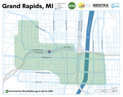 May Mobility's 1.36 sq. mile service zone includes more than 20 designated pick up and drop off areas in downtown Grand Rapids.